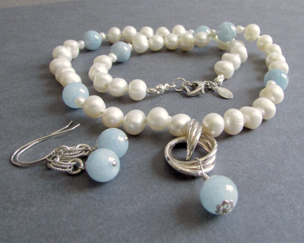 Ivory Freshwater Pearl Necklace / Milky Aquamarine Necklace and Earrings / Hand Knotted Gemstone and Pearl Strand - Aspire