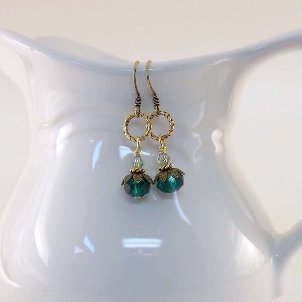 Emerald Gold Earrings Antique Gold Green Wire Wrapped Beaded Wire