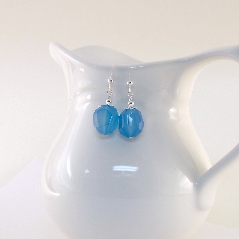 Blue Chalcedony Earrings Faceted Sterling Silver Handmade Beaded Wire Wrapped Wire Earrings