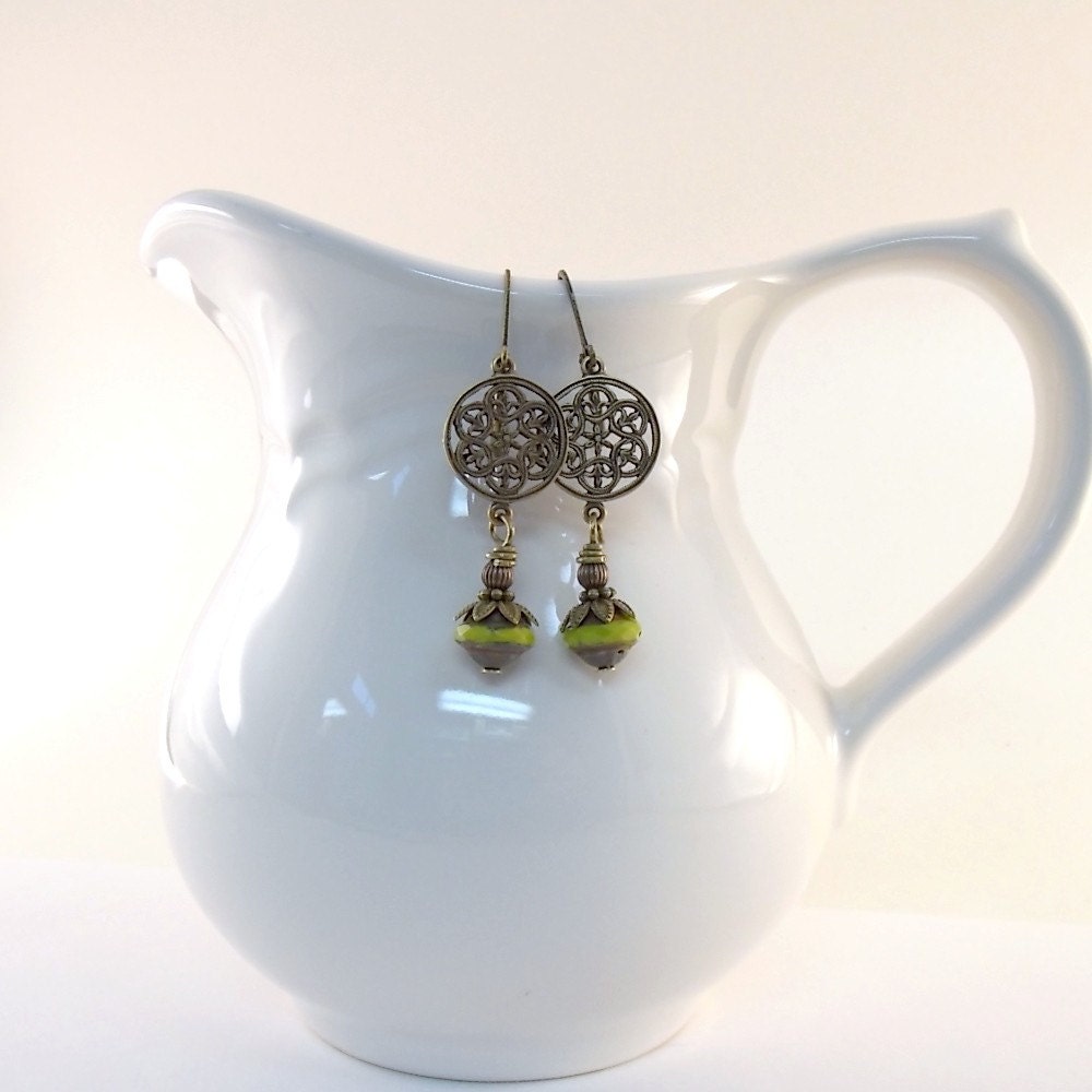 Lime Brass Earrings Antique Brass Czech Glass Lever Back