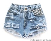 ALL SIZES "DOT" Vintage Levi high-waisted denim shorts blue distressed frayed studded pocket