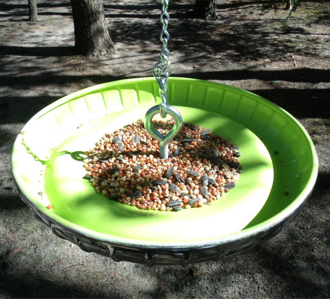 Lime Green Ford Bird Feeder - 1960 - 1963 Ford Falcon Hubcap Birdfeeder - Recycled Hanging Feeder - Bottle Cap - 1961 1962 Ranchero