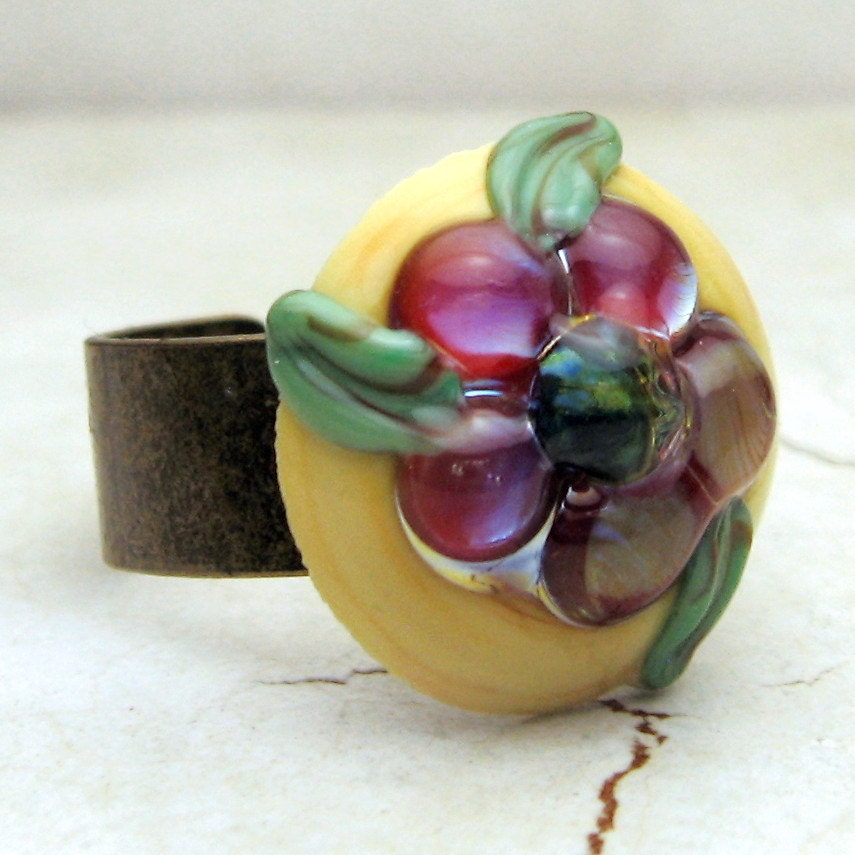 Lampwork Glass Ring - Adjustable Antique Brass with Cabochon and Iridescent Flower