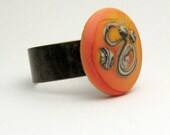 Lampwork Glass Ring - Adjustable Antique Brass with Apricot Orange Etched Matte Cabochon