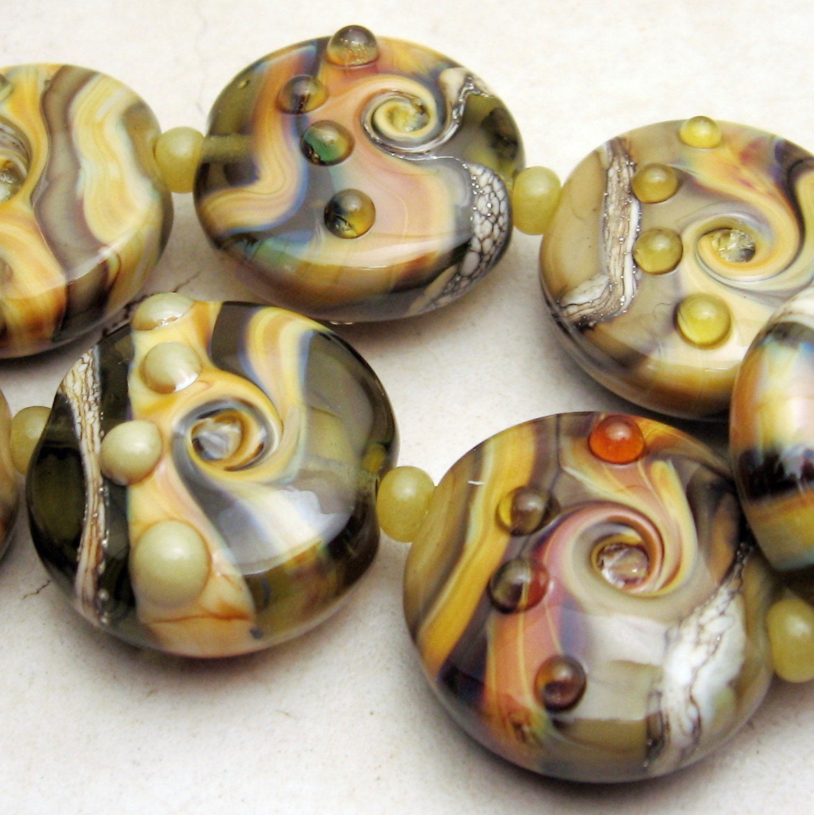 Handmade Lampwork Glass Bead Set Lentil Olive Sage Green Raku SRA  'Spring Wilderness'