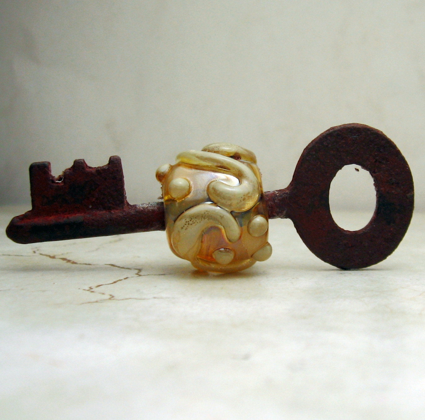 Handmade Lampwork Key Bead, Iridescent Gold Lampwork Bead on Vintage Skeleton Key
