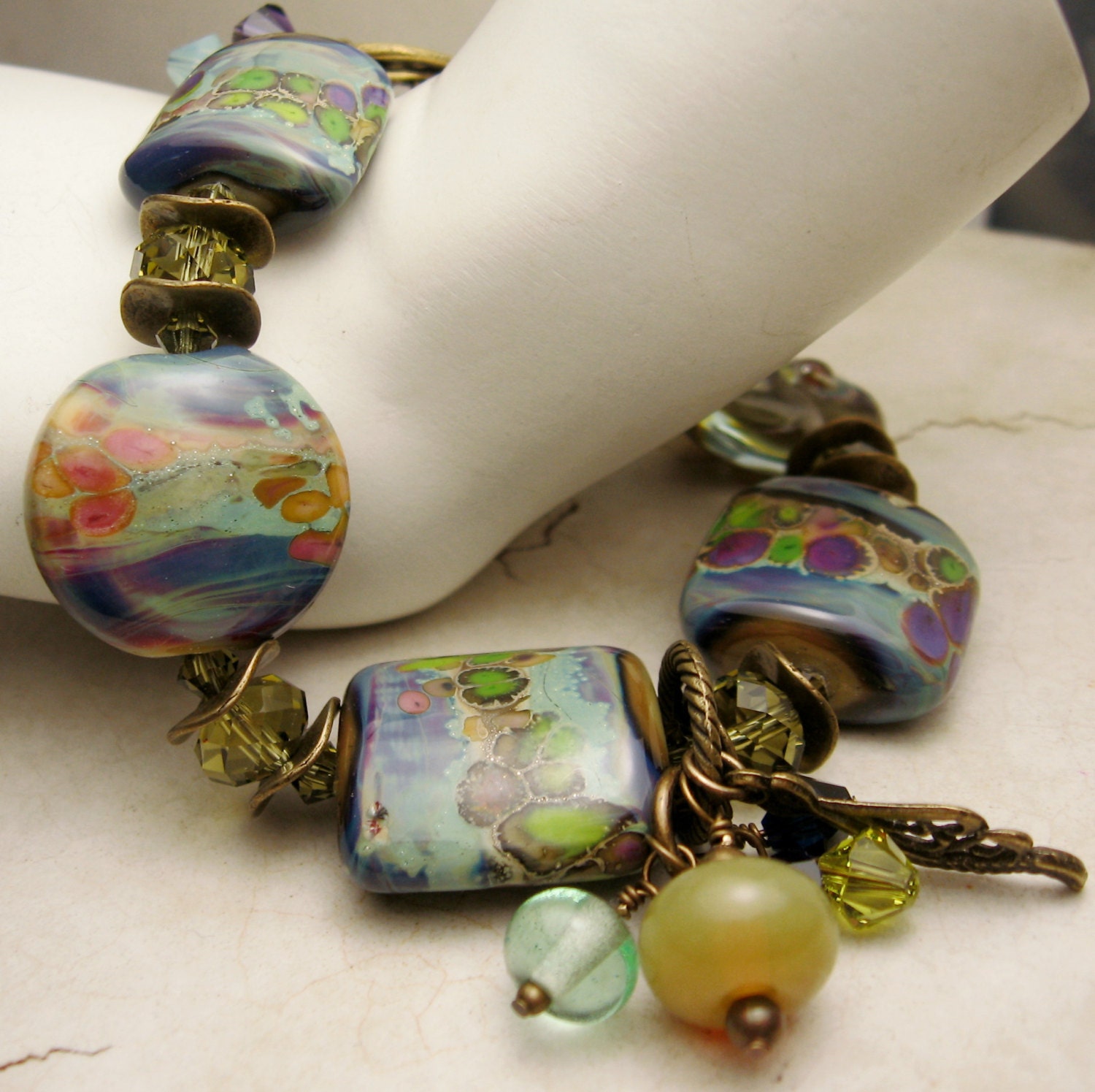 Lampwork Bracelet with Antique Brass Bronze Olive Green Purple Blue Swarovski Crystals Beaded Jewelry 'Summer Meadow'