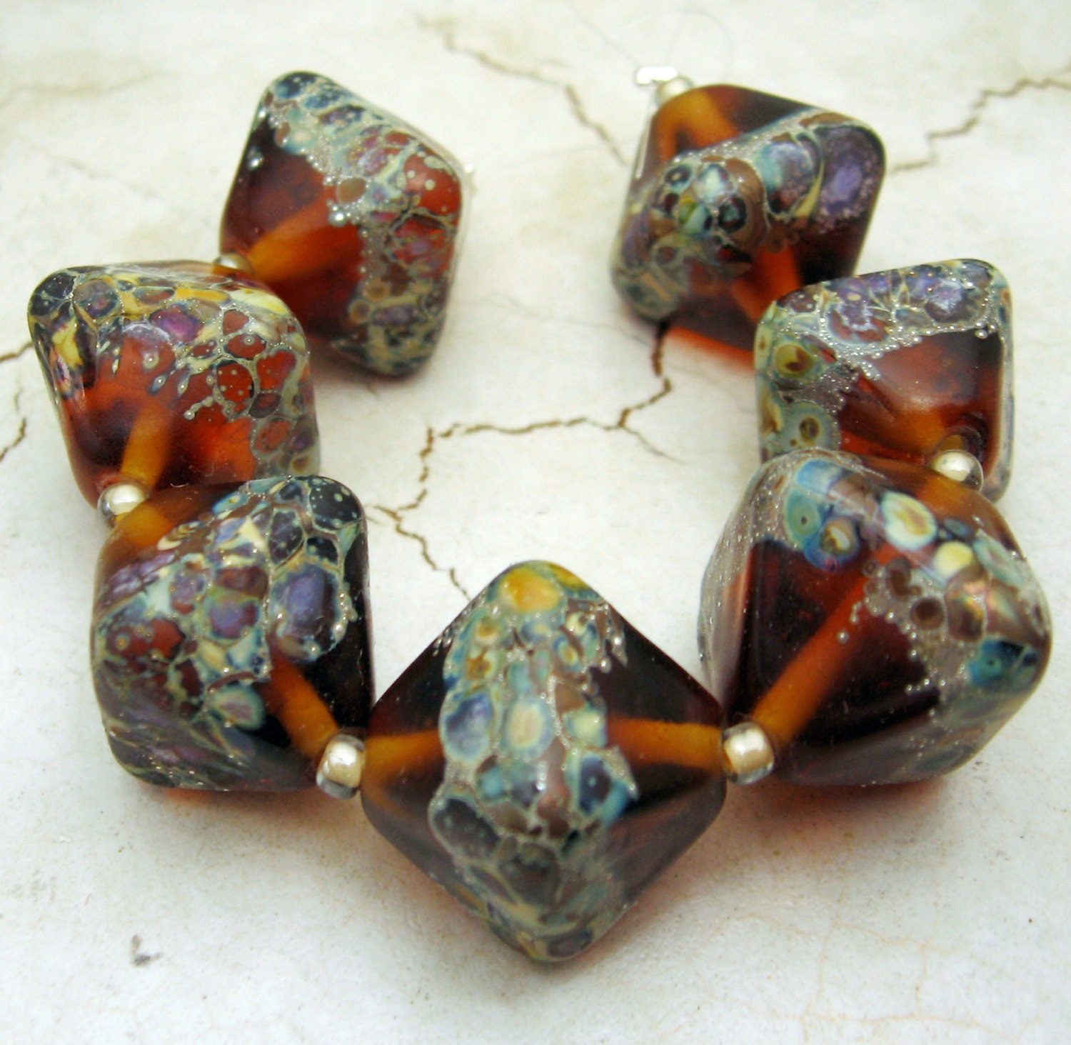 SRA Lampwork Glass Bead Set Chunky Crystal Bicone Etched Matte Amber Topaz