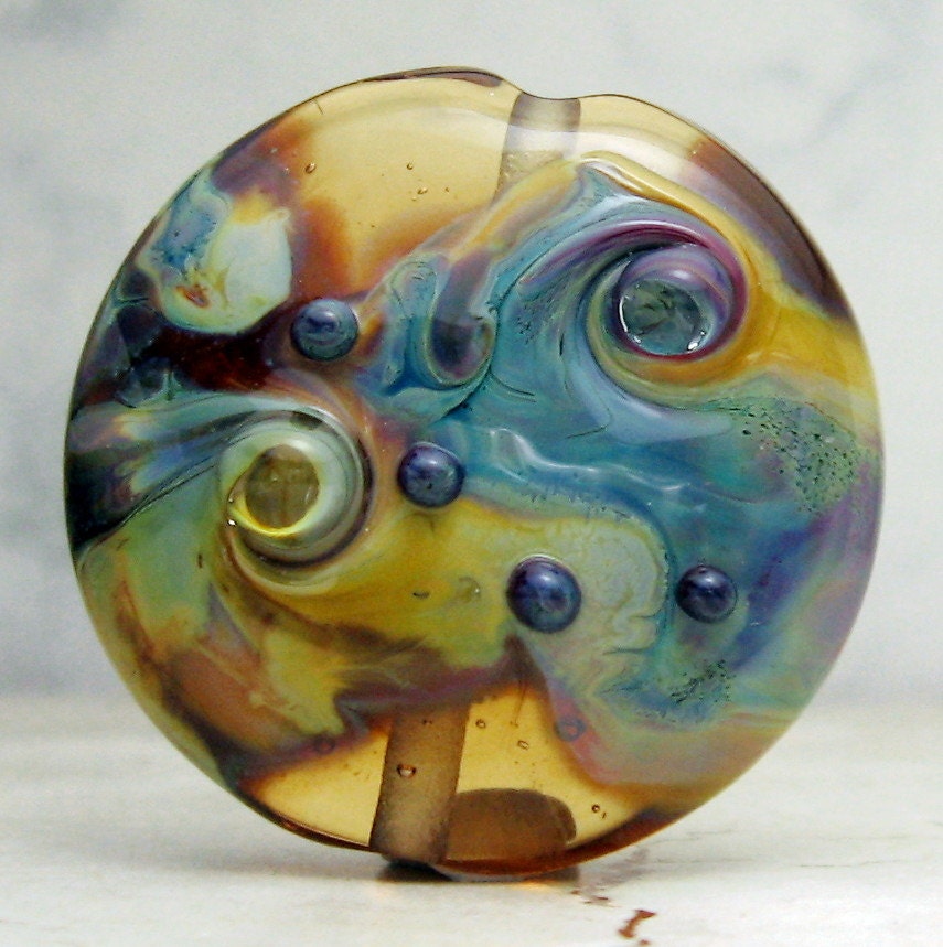 SRA Lampwork Glass Bead, Organic Focal Lentil Bead -  Aqua Blue, Topaz, Purple, 'Mossy Log'