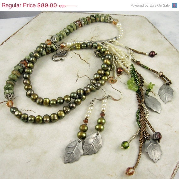 On Sale Beadwork Necklace and Earrings Set -Olive Green Beadweaving Gemstone Beaded Jewelry Freeform Peyote Focal 'Fringe Benefit'