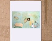 Art Print Giclee, abstract, pink, turquoise, green 5x7 girl, modern spanish wall art