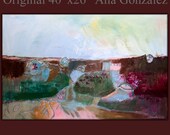 Large abstract landscape painting canvas textured original 40x26 mixed media turquoise ocher green pink Modern wall Art