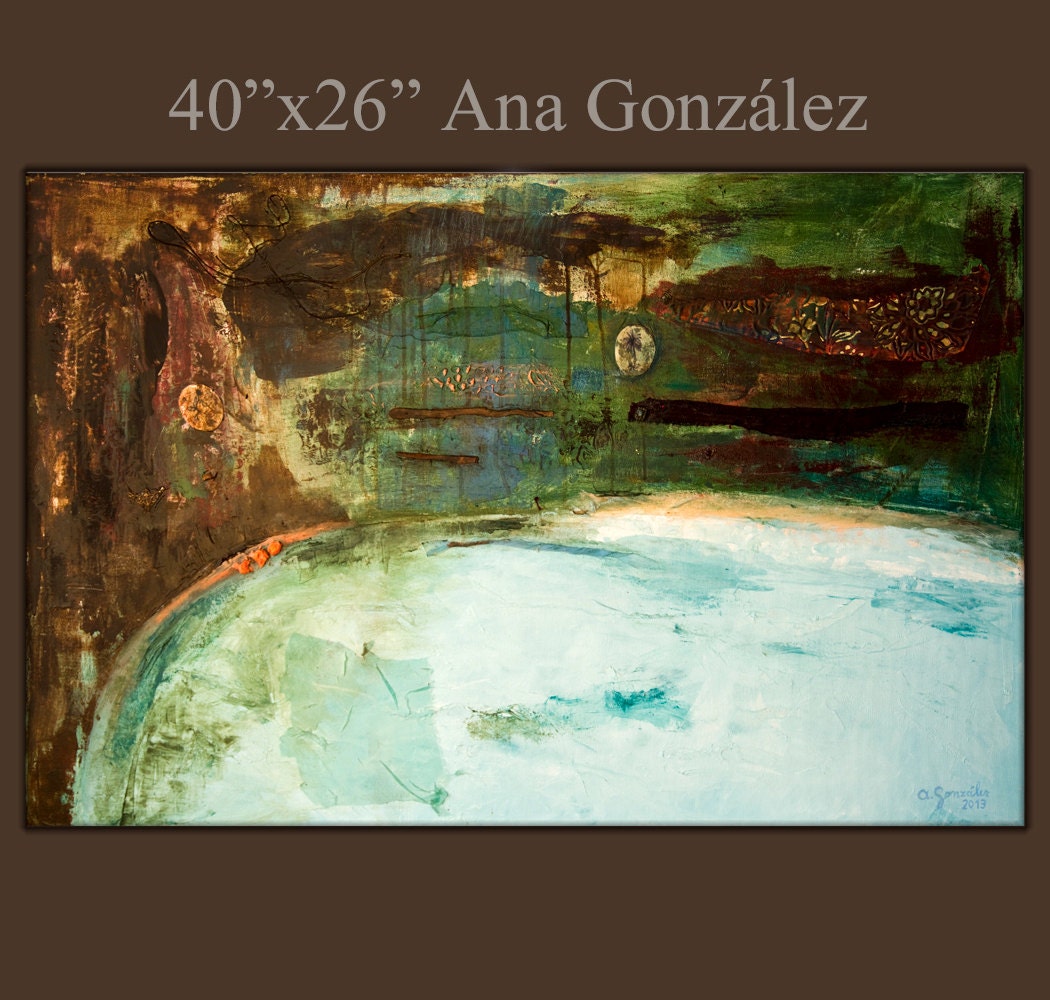 Large abstract landscape painting canvas textured original 40x26 mixed media turquoise green brown Modern wall Art
