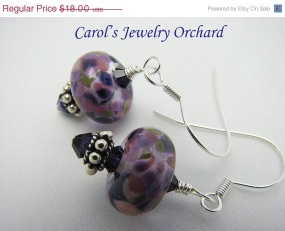May SALE Artisan Lampwork Earrings. Purple Pink Mosaic with Purple Velvet Swarovski and sterling accents.  Monet's Spring.