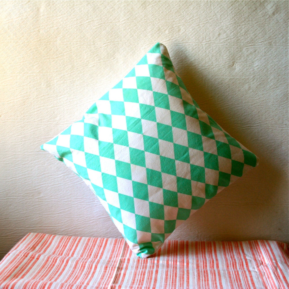 Harlequin Throw Pillow Vintage Fabric Cotton Mid Century Aqua and White