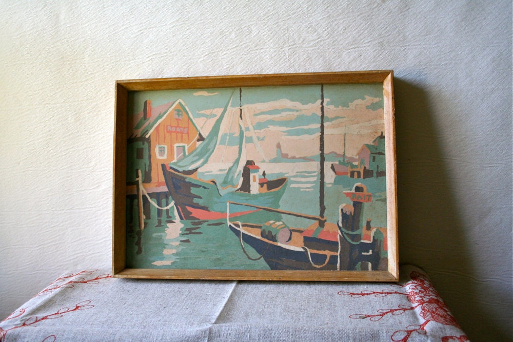 Vintage 1950s Nautical Painting Paint By Number Boat Seascape