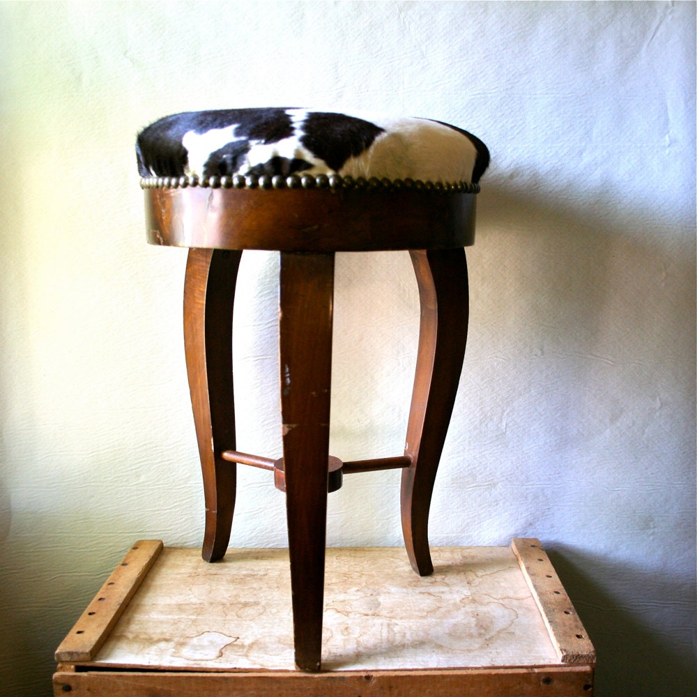 Antique Wood and Cowhide Stool