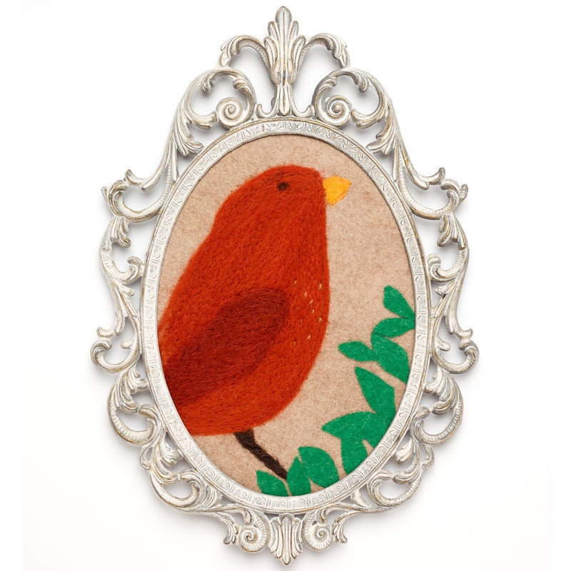 Bird Art -- Copper Bird Fiber Folk Art in Vintage Frame