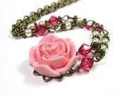 Vintage Style Flower Necklace, Swarovski Crystals, Pink Resin Rose, Womens Accessories, Fashion Jewelry, Gifts for Her