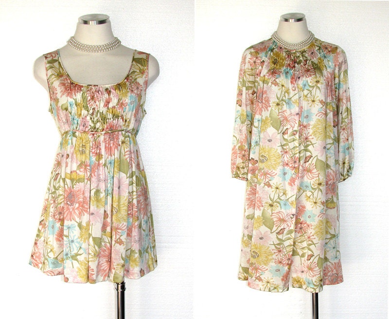 Vintage 60s Lingerie Peignoir & Gown Set / 1960s Lingerie / Pastel Floral Nightgown / Springtime / Sleepwear / Vintage Lingerie / Size M / L