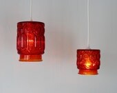 AMBERINA Pendant Lamps - Pair of Upcycled Hanging Lights made with 2 Vintage Amberina Moon & Stars Glass Canisters - OOAK BootsNGus Lamps