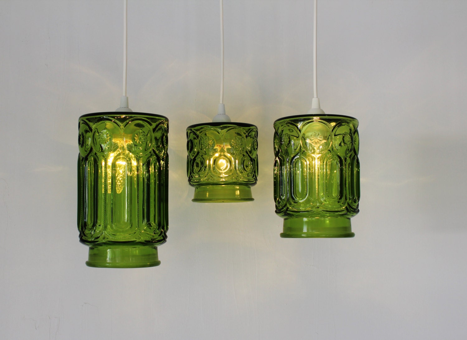 Green Stars and Moons - 3 Upcycled Hanging Pendant Lighting Fixtures made from Vintage Green Glass Kitchen Canisters - OOAK BootsNGus Lamps