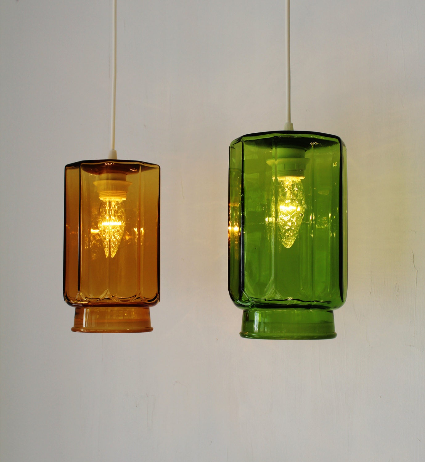 Topaz and Emerlad - 2 Upcycled Hanging Pendant Lamps made with Amber & Green Vintage LE Smith and Co Apothecary Jars  - OOAK BootsNGus Lamps