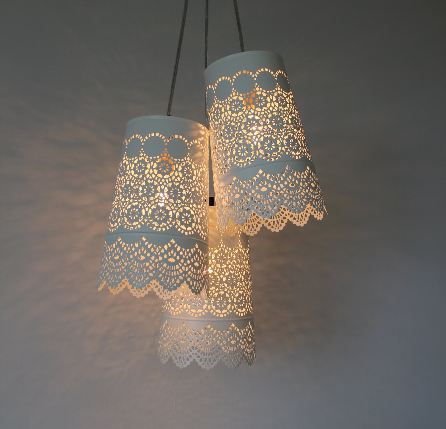 Baby's Breath - Upcycled Metal Lace Planter Chandelier - Rustic Hanging Pendant Lighting Fixture - BootsNGus Lamps Design