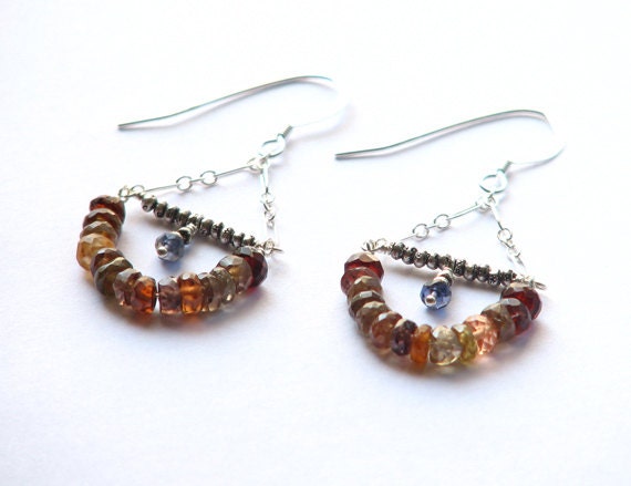 Rainbow tourmaline and iolite dangle earrings- multi color boho gemstone chandelier earrings- hippie chic- Unity