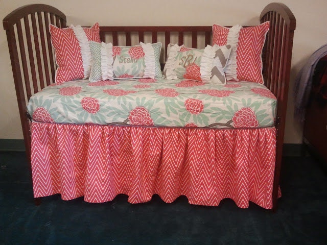 YOU DESIGN Custom 2 piece Crib Bedding Set - Bumper and Skirt - Navy, Pink, and White on Light Aqua Caitlin Wilson fabric