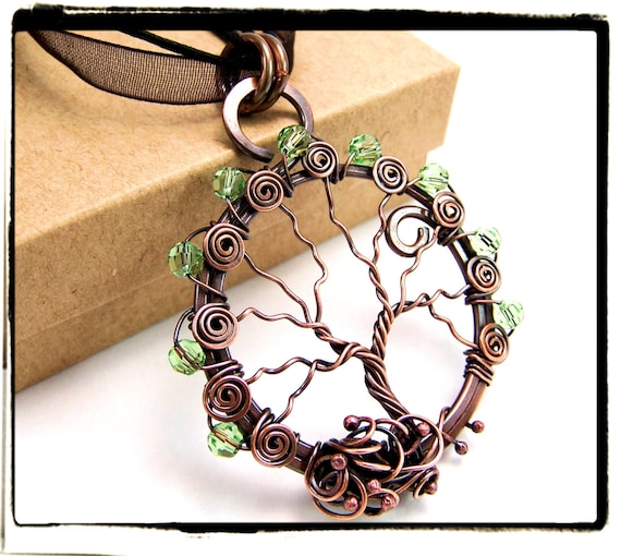 008 Antique Copper Faerie Green Crystal Wire Wrapped Tree of Life Pendant