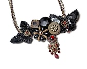 Lolita Gothic Victorian Steampunk Vintage Button Wedding Necklace - Sensual Red Black Butterflies Swarovski Crystals - OOAK