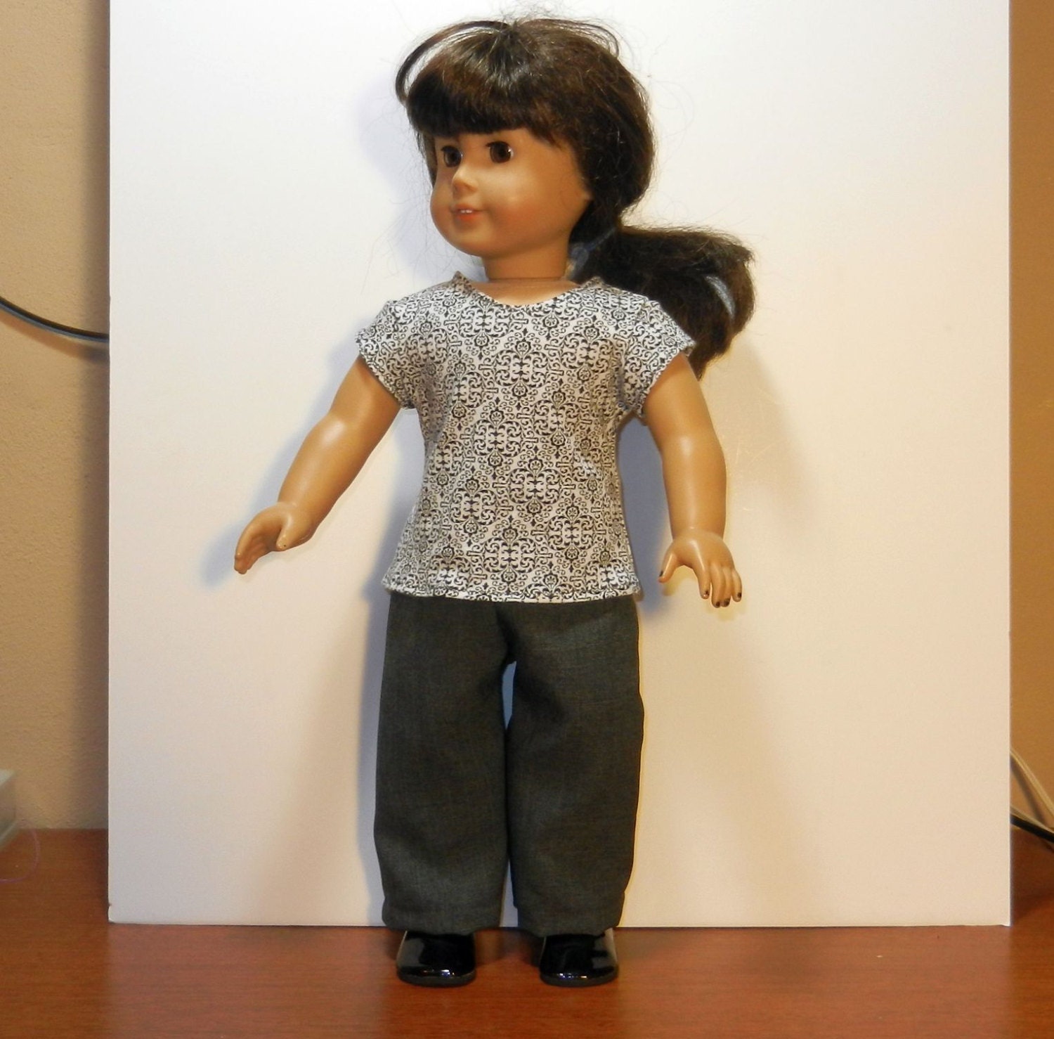 Dark Gray and White Design Knit Top with Dark Gray Stripe Slacks Set - 18 Inch Doll Clothes fits American Girl