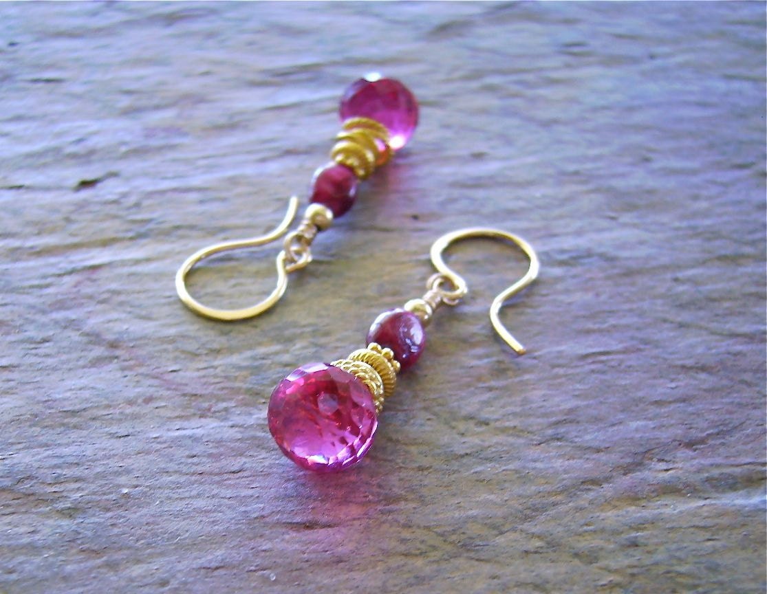 Ruby Quartz Briolette Earrings, Hot Pink Quartz Dangle Earrings, 14K Gold Filled Earrings, Ruby Oval Gemstones - Red Raspberries