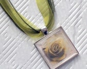 Shabby Rose Pendant Green Ribbon Necklace