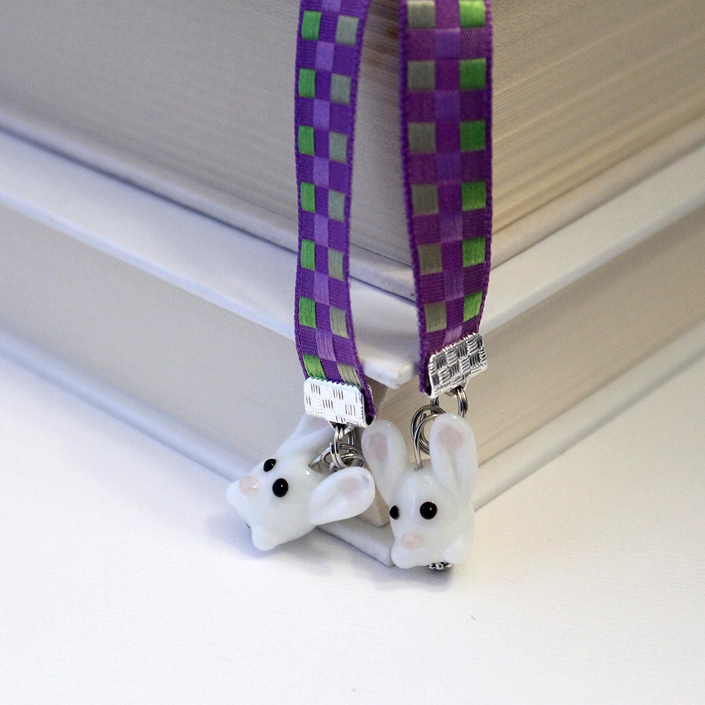 Ribbon Bookmark- Sweet White Bunnies, Purple, Lime Checks