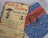 Cowboy Party Invitation in blue paisley red and aged parchment with twine lasso