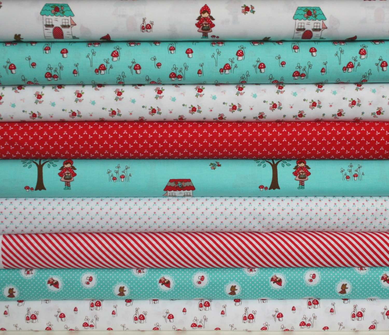 Little Red Riding Hood by Tasha Noel for Riley Blake, Red, Aqua & White Fat Quarter Bundle of 9