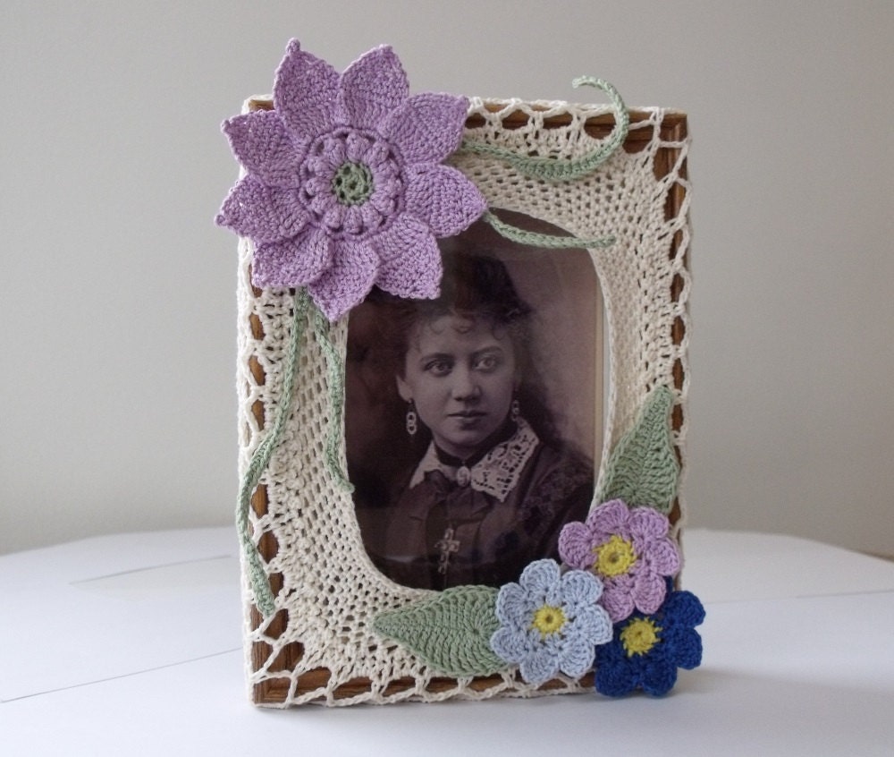 Crocheted Picture Frame with Flowers - One of a Kind OOAK