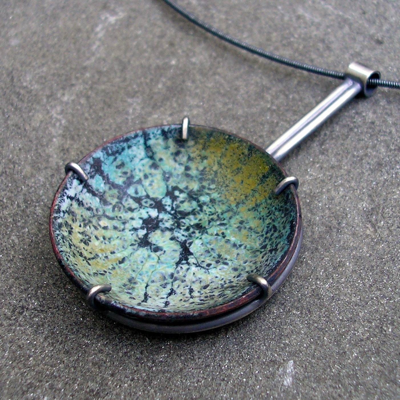 Enamel and Sterling Silver Pendant - Sgraffito Turquoise, Robin's Egg Blue, Olive Green, Black Enamel Necklace