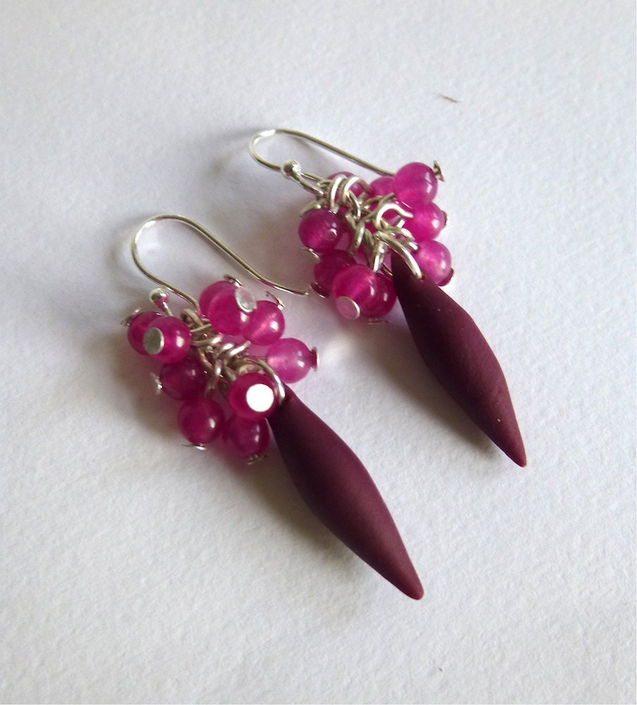 Burgundy and Hot Pink Polymer Clay Spike and Bead Cluster Earrings