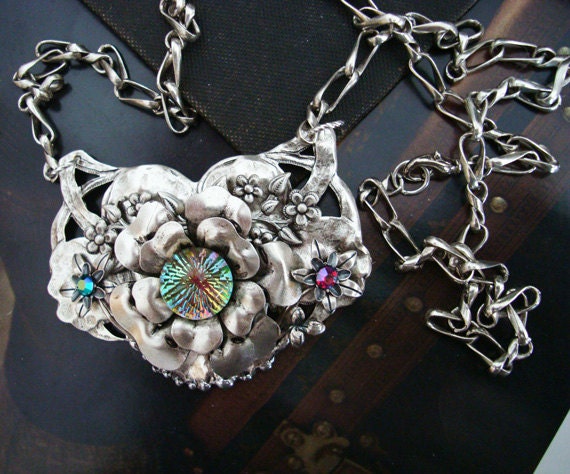 Haute Glorious Summer Days Necklace, Jeweled Flowers, Sterling Silver Plate, Lovely Custom Chain, USA Hand Made