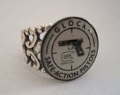 Glock Pistol Ring, Gun Jewelry, Weapon Button, USA Silver Ox Filigree Ring Band, Unique and Different, Very Limited and Rare