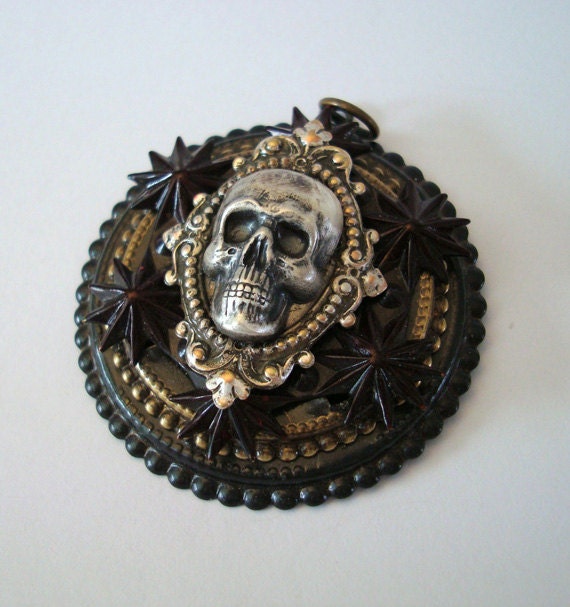 Gothic Star, Necklace Pendant Supply, Blood Red Patina on Stars, Skull, Dark Horror, Lots of Detailing, Handmade USA, Macabre