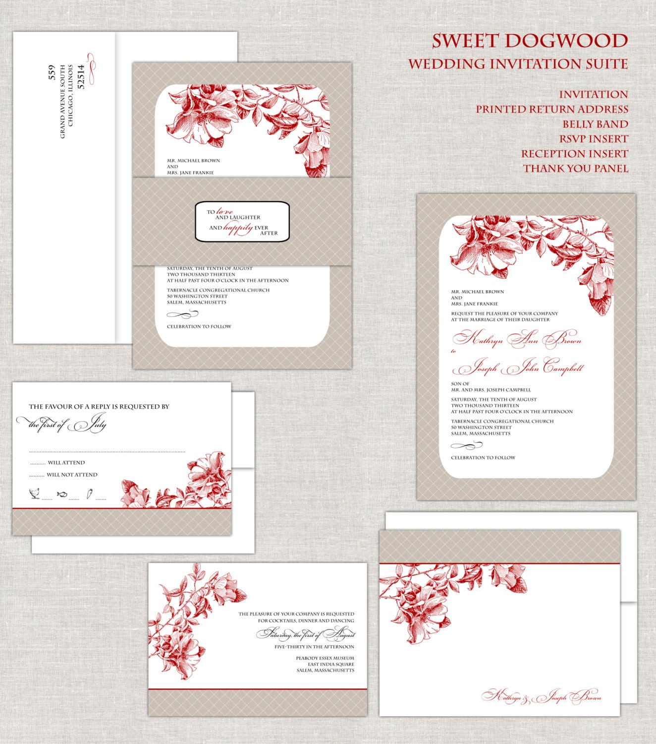 Botanical Wedding Invitations, Red & Tan Khaki Wedding Invitation, Wedding Invites, Magnolia, Dogwood, Flowers, Belly Band Il_170x135