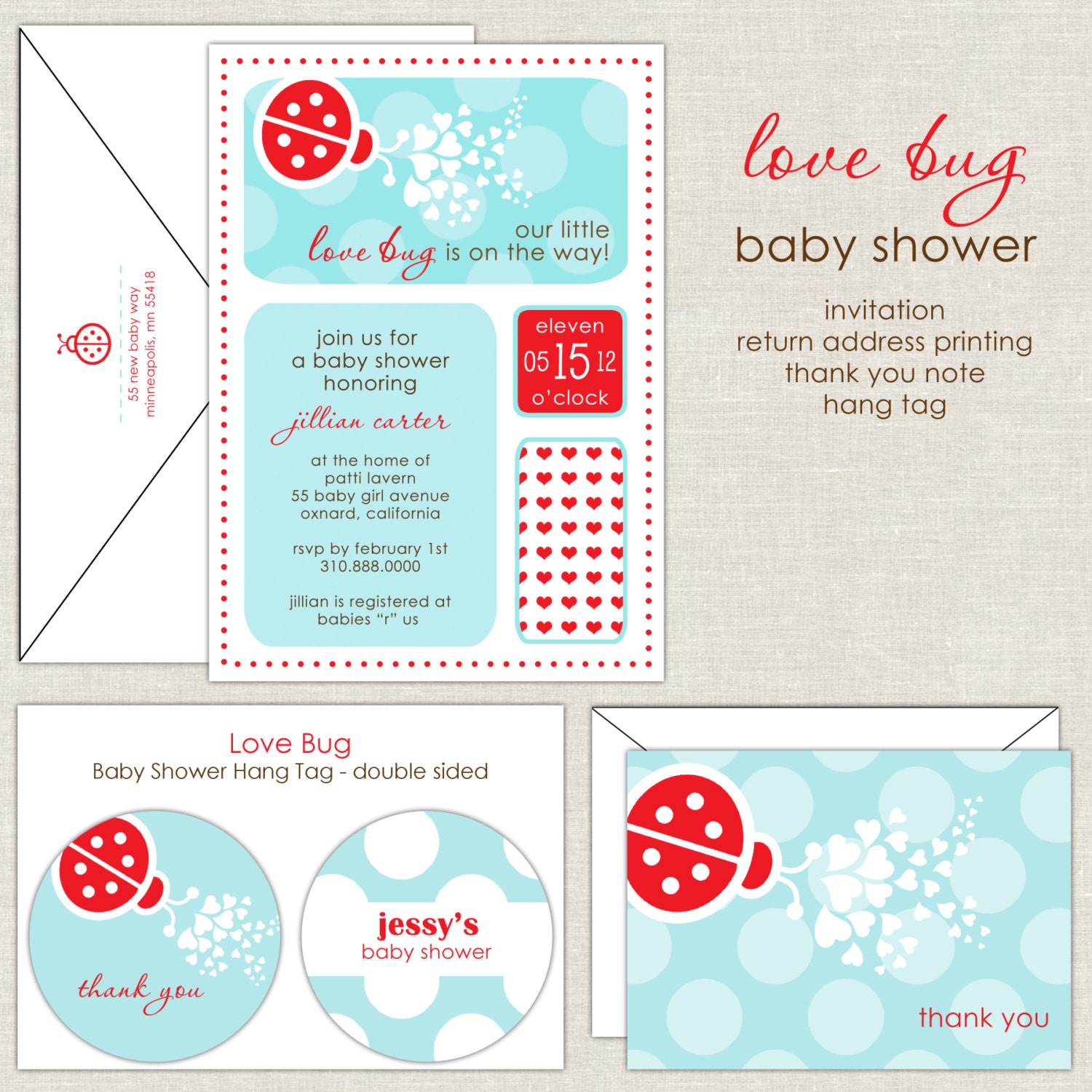 Little Love Bug in Aqua and Red Baby Shower Invitation Il_170x135