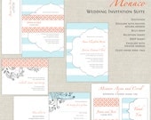 Coral and Aqua Blue Wedding Invitations, Wedding Invites, Flourish Wedding Invitations, Modern Stripes, Belly Band, Contemporary, Moroccan Il_170x135