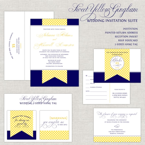 Navy Blue & Yellow Gingham Wedding Invitations, Wedding Invites, Flag Banner Wedding Invitation, Romantic, Casual, Contemporary, Bright Il_570xn