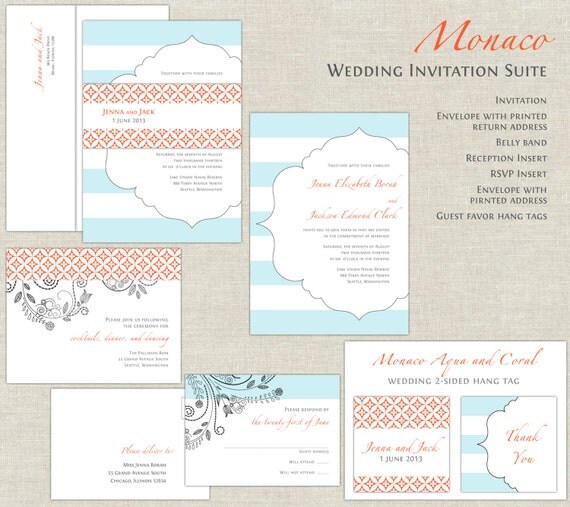 Coral and Aqua Blue Wedding Invitations, Wedding Invites, Flourish Wedding Invitations, Modern Stripes, Belly Band, Contemporary, Moroccan Il_570xn