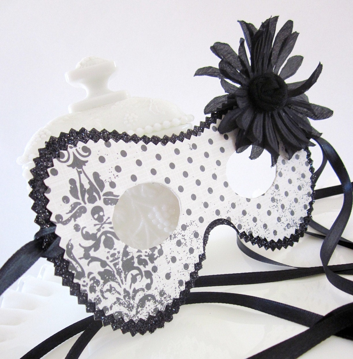 Retro Black and White Polka Dot Mask with Skull and Crossbones and a Large Flower Accent Costume